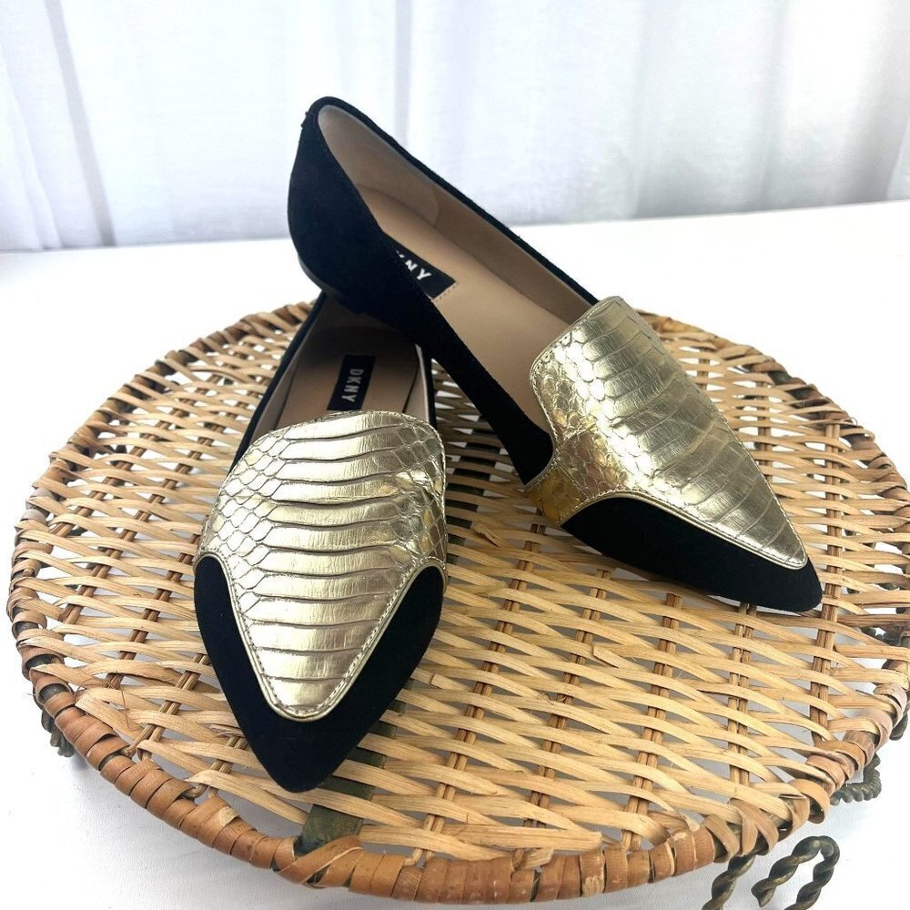 DKNY Dara Flats Leather Flip On Flats Pointed Toe Gold Crocodile Skin with Black